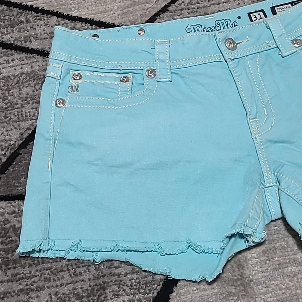 MISS ME AQUA RAW-HEM EMBROIDERED RHINESTONES DENIM JEAN SHORTS PRICE FIRM